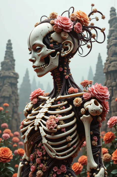 Ultra-realistic, photo-realistic, cinematic photography, realistic, hyperrealistic.   A striking figure with an intricately elongated and skeletal body that creates a dramatic and surreal impression. The skin is pale, almost ghostly, stretching over the si...
