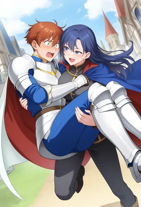 ,,1girl, milarity Royal female armour,cape, pants ,knight,prince carry,1boy, bridal style, female carrying male, role reversal, gender role swap , assertive FL x Submissive ML , assertive knight woman anime colouring ،