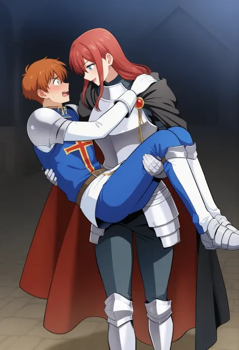,,1girl, milarity Royal female armour,cape, pants ,knight,prince carry,1boy, bridal style, female carrying male, role reversal, gender role swap , assertive FL x Submissive ML , assertive knight woman anime colouring ،