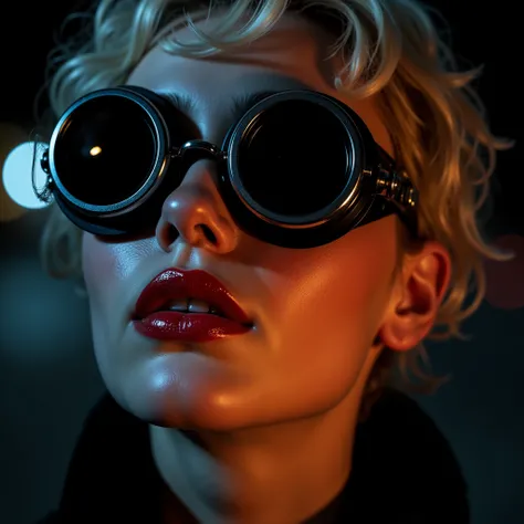 "Ultra-realistic, cinematic 8K super close-up portrait of a stunning woman at night. She has fair, flawless skin, short curly blonde hair, and vibrant red lips with glossy lipstick. She is wearing round, black smoked-lens steampunk-style goggles with metal...