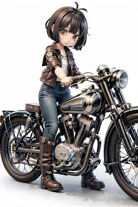 (磁器people形)、(陶磁器people形)、(ride a classic bike:1.2 )、(Vintage Bike、Bluff Superior SS100)、美しい若い日本people女性、beautiful face, black hair, short bob hair, red classic leather jacket、leather shorts、boots、Goggles、 Full Bike Shooting 、(people々々And the size balance o...