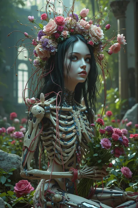 Ultra-realistic, photo-realistic, iconic character, cinematic photography, realistic, hyperrealistic, icon style. A striking female figure with an intricately elongated and skeletal frame that creates a dramatic and surreal impression. The skin is pale, a...