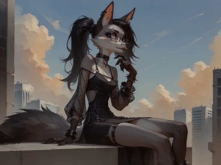 score_9, score_8_up, score_7_up, 1girl, fox girl, goth girl, Anthro, fox, skinny, thin limbs, lithe body, grey and white fur, ((multi-tone fur)), black limbs, fluffy fur, fur tufts, animal nose, orange_eyes, (glasses), (undercut hair), long hair:1.35, (bla...