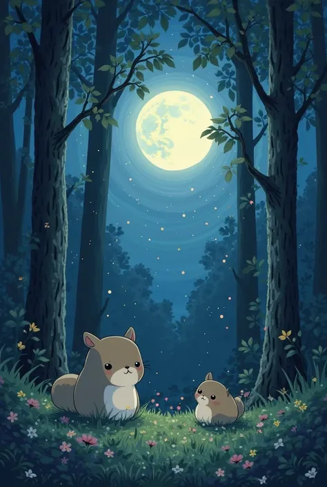 it's late at night,The moon is covered in silver yarn,quietly climbing to the treetops。The little animals in the forest,and they all yawn quietly,rubbing their sleepy eyes,are ready for a sweet dream。in style of hayao miyazaki