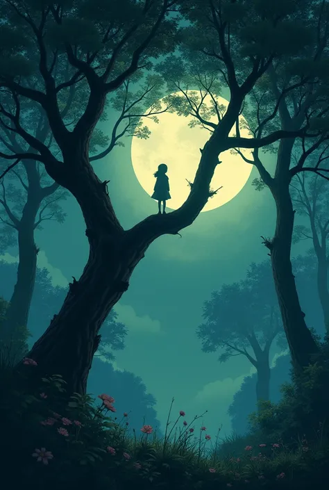 it's late at night,The moon is covered in silver yarn,quietly climbing to the treetops。in style of hayao miyazaki