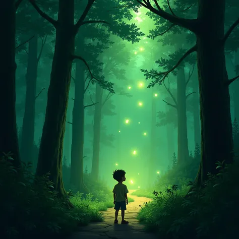 A young boy stands at the edge of the forest , Watching mysterious lights flicker between the trees. Fireflies or sprites ? Rendered in digital mixed media , , Emphasis is on shadow depth and light diffusion . The forest is layered ,Vibrant, Soft gre...