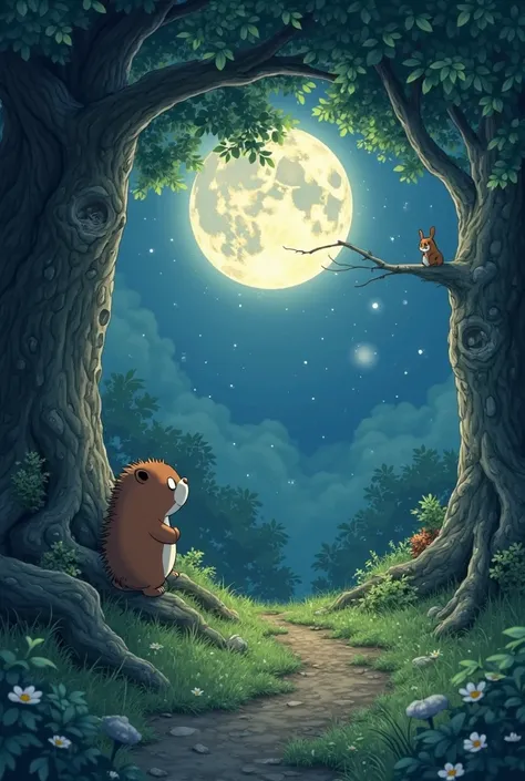 Ghibli animation style,A dreamy forest shrouded in moonlight。A huge full moon hangs low,Silver light sprinkles all over the mossy path。Beside the oak tree roots,The little hedgehog rubs his eyes and yawns;The squirrel on the branch curls up with his tail i...