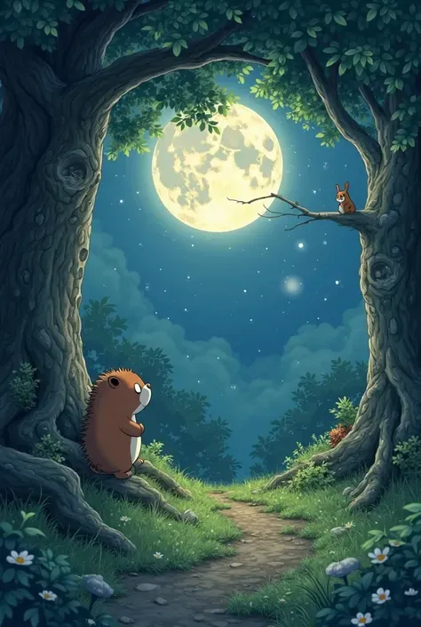Ghibli animation style，A dreamy forest shrouded in moonlight。A huge full moon hangs low，Silver light sprinkles all over the mossy path。Beside the oak tree roots，The little hedgehog rubs his eyes and yawns；The squirrel on the branch curls up with his tail i...