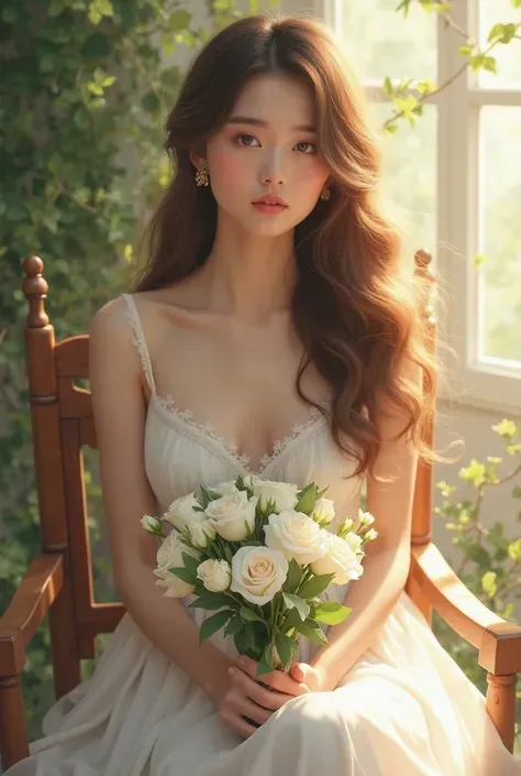 BANA style,Guangyi Photography,Soft and bright light and shadow. Digital artwork of a woman with long,wavy brown hair,wearing a flowing white dress with lace details,sitting on a wooden chair. She holds a bouquet of white flowers. Sunlight filters through,...