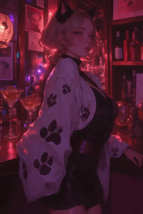妖怪猫娘が働く猫耳バー,シーンは薄暗く、ほんのり赤や紫の照明が灯る和風バー,木のカウンターや障子、提灯、猫のモチーフがあちこちに,壁には妖怪の浮世絵や、猫の足跡がペイントされている,主役は猫耳バーの妖怪猫娘,和風のセクシーなバーテンダー衣装(着物アレンジ+ミニスカート、猫のしっぽや耳)目が猫のように光る,爪が少し鋭い,しなやかなポーズでカクテルをシェイカーしている,首輪や鈴、猫の肉球型のアクセサリー,猫の手型のグラス,肉球型の氷,猫耳付きカクテルシェイカー,
メニュー表に「妖怪スペシャルカクテル」「猫パンチ...