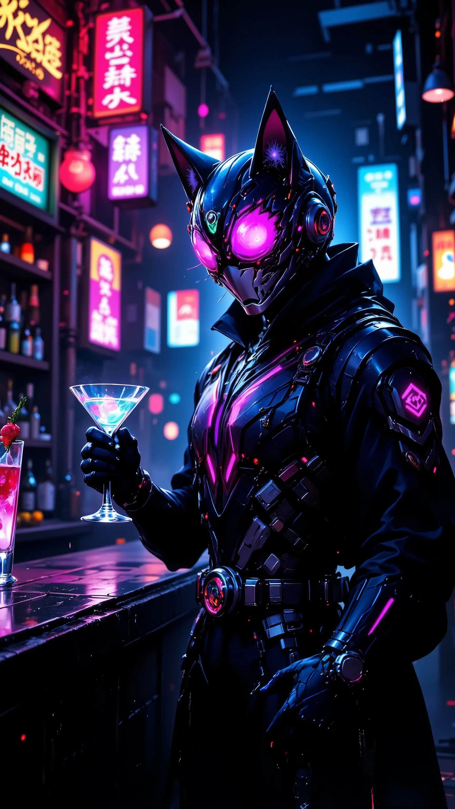 cat ear mask rider、cyberpunk bar ,Carrying a cocktail in a glass ,generates a scene with a cat ear bar theme。Kamen Rider with cat ears、Realistic cat ear bar、4K resolution、High Quality、Masterpieces、extreme details、Realistic、HDR、studio lighting、Extremely col...