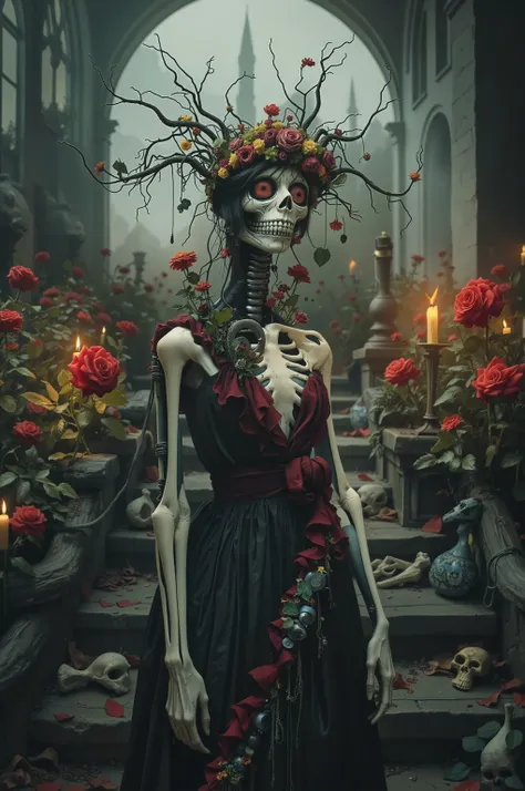 Ultra-realistic, photo-realistic, cinematic photography, realistic, hyperrealistic. A striking figure with an intricately elongated and skeletal neck creates a dramatic and surreal impression. The skin is pale, almost ghostly, stretching over the sinewy ...