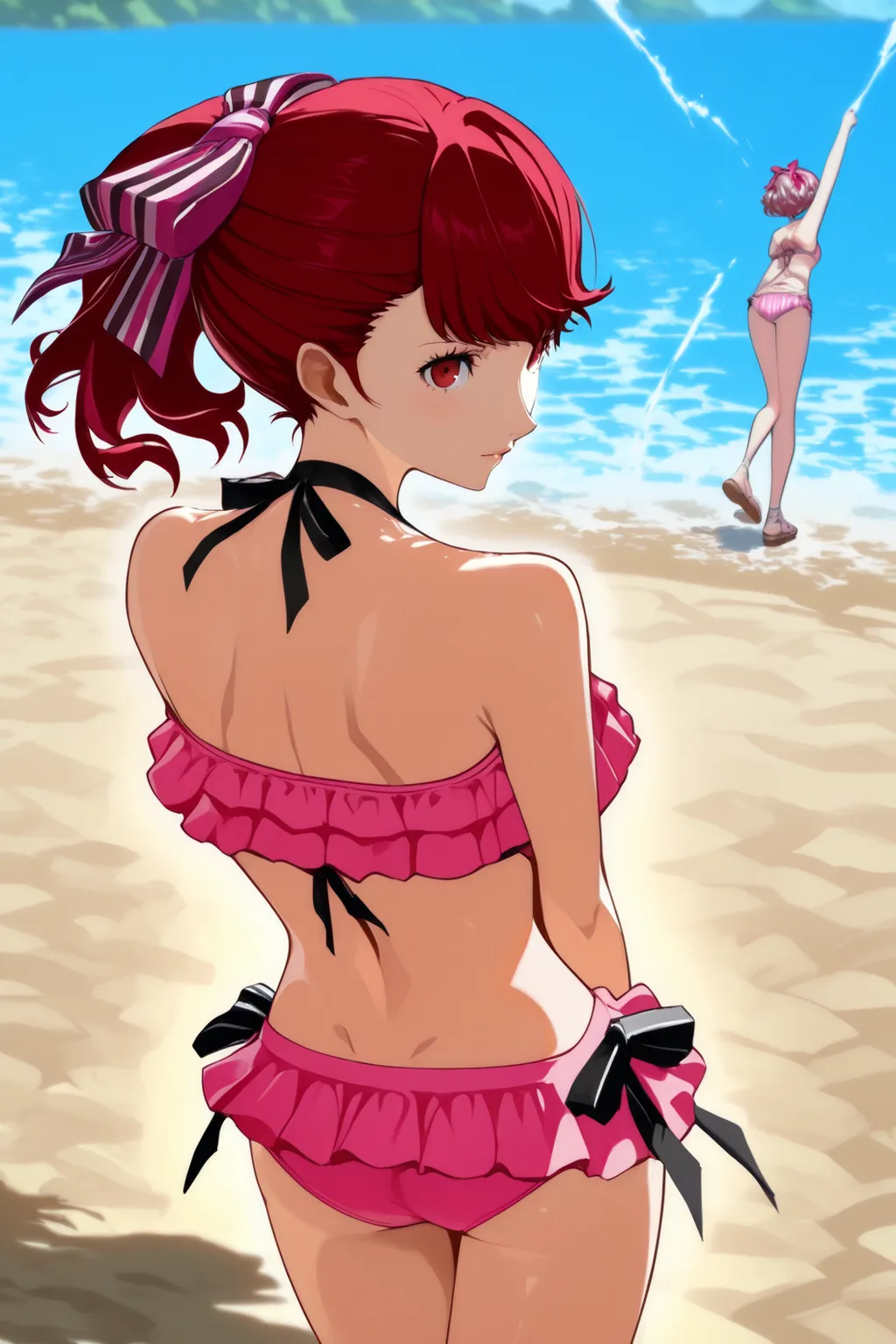 p5yoshizawa-swim, pink striped hair bow, pink swimsuit, bikini, sandals,persona,Women,manage ultra-detailed, 砂浜で新体操 Gymnastics on the beach, backflip