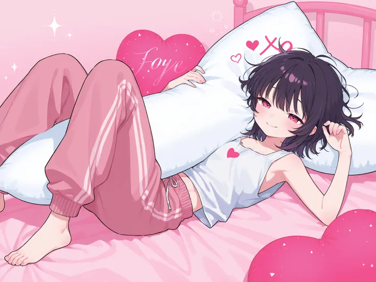 one girl。with dark hair shortcuts、eyes are pink and saggy、white sleeveless shirt with lots of open neck、Pink Sweatpants、Barefoot、cute pose、Sleepy Smile 、a pretty pink room、on the bed、Lying down holding a body pillow、heart effect、glitter、