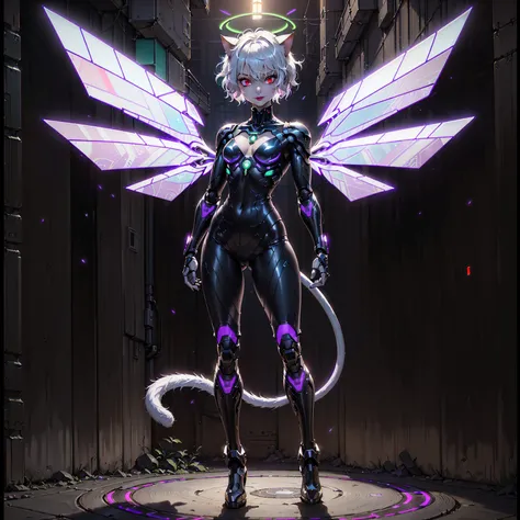 ((1girl, solo ,alone)), ((solo, 1woman, ((neferpitou, cat tail, short white hair, short messy hair, cat ears, red eyes, small bust)), woman, lipstick), Extremely detailed, ambient soft lighting, 4k, perfect eyes, a perfect face, perfect lighting, a 1girl)), ((solo, (1woman, lipstick), Extremely detailed, ambient soft lighting, 4k, perfect eyes, a perfect face, perfect lighting, a 1girl)), , ((fitness,, shapely body, athletic body, toned body)),  ((fitness, , shapely body, athletic body, toned body)) ,((militant combatants, wearing hologram armored combat suits that fit tightly to the body and blend into the surrounding scenery, cyberpunk armor suit, woman, cyber armor, smug, smug smile, framing against diving, cyberpunk city, armor, bodysuit, mecha, robot, ((cat girl, cybernetic angel, intricate design, glowing mechanical wings with feather-like plates, circuit patterns, neon on skin, smug, metallic tail, tail with glowing tip, futuristic armor with feline aspects, divine and futuristic aura, holographic halo, cyberpunk, neon stained glass, flat chest, jade, cyberpunk city,  purple suit, smile, cat tail)), red lipstick, fan))
