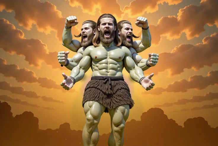 A colossal three-headed giant with reddish-brown hair and beard. All three heads are roaring furiously, their faces contorted with rage. The giant has six powerful arms, which he spins with violent force, creating a chaotic whirlwind around him. His body e...