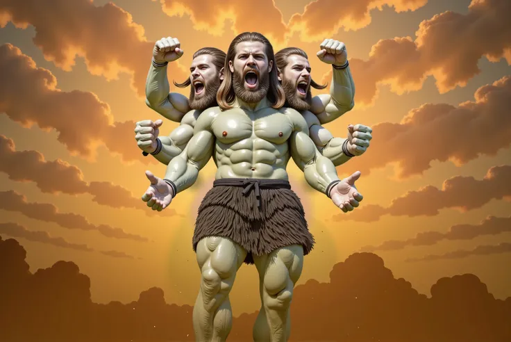 A colossal three-headed giant with reddish-brown hair and beard. All three heads are roaring furiously, their faces contorted with rage. The giant has six powerful arms, which he spins with violent force, creating a chaotic whirlwind around him. His body e...