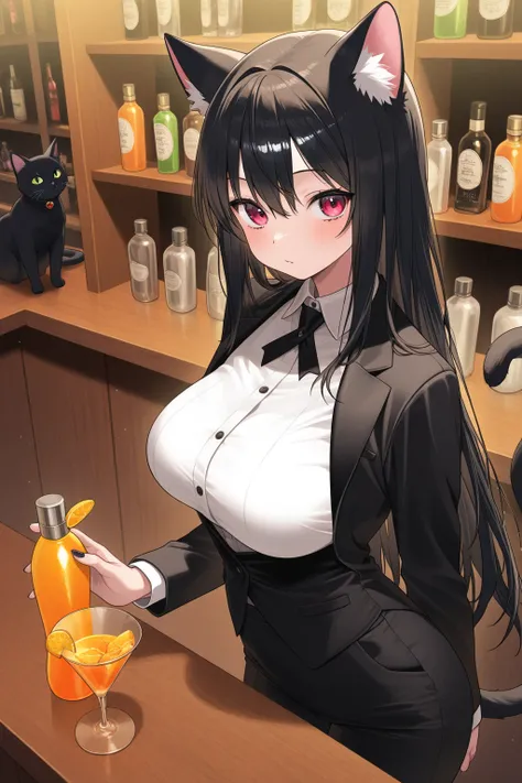 masterpiece、top quality、amazing details、Anthropomorphic black cat、bartender、shaker 、 make cocktails、Colorful liquid bottles line the shelves、Wooden counter、stylish、dim、