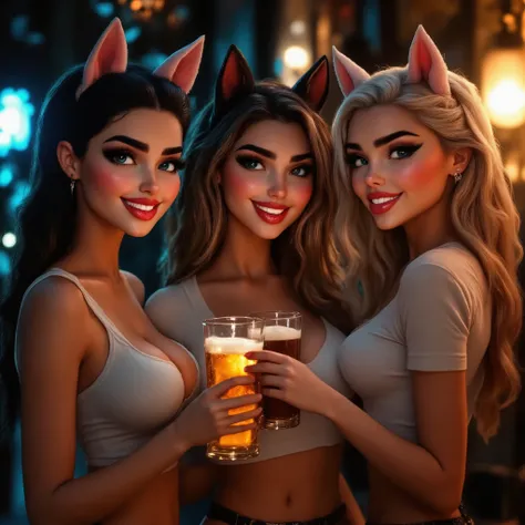  Three women are very beautiful, tall, they are all the same height, big breasts, light pink lips, ample cleavage, slender figure, strictly smiling. They are standing out of a pub with beer in their hands. They are dressed with a simple t-shirt and trunks....