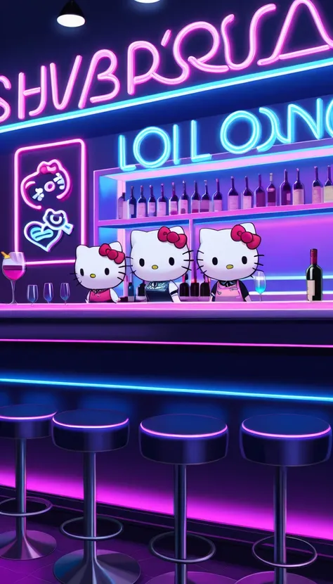  Hello Kitty､is bartending at a fancy bar 、Super Detailed, ((colorful neon sign:1.Two walls), ( neon tube ) Shining BREAK (Sophisticated bar counter) Indoor, (Dim Room), Wine Bottle, detailed background