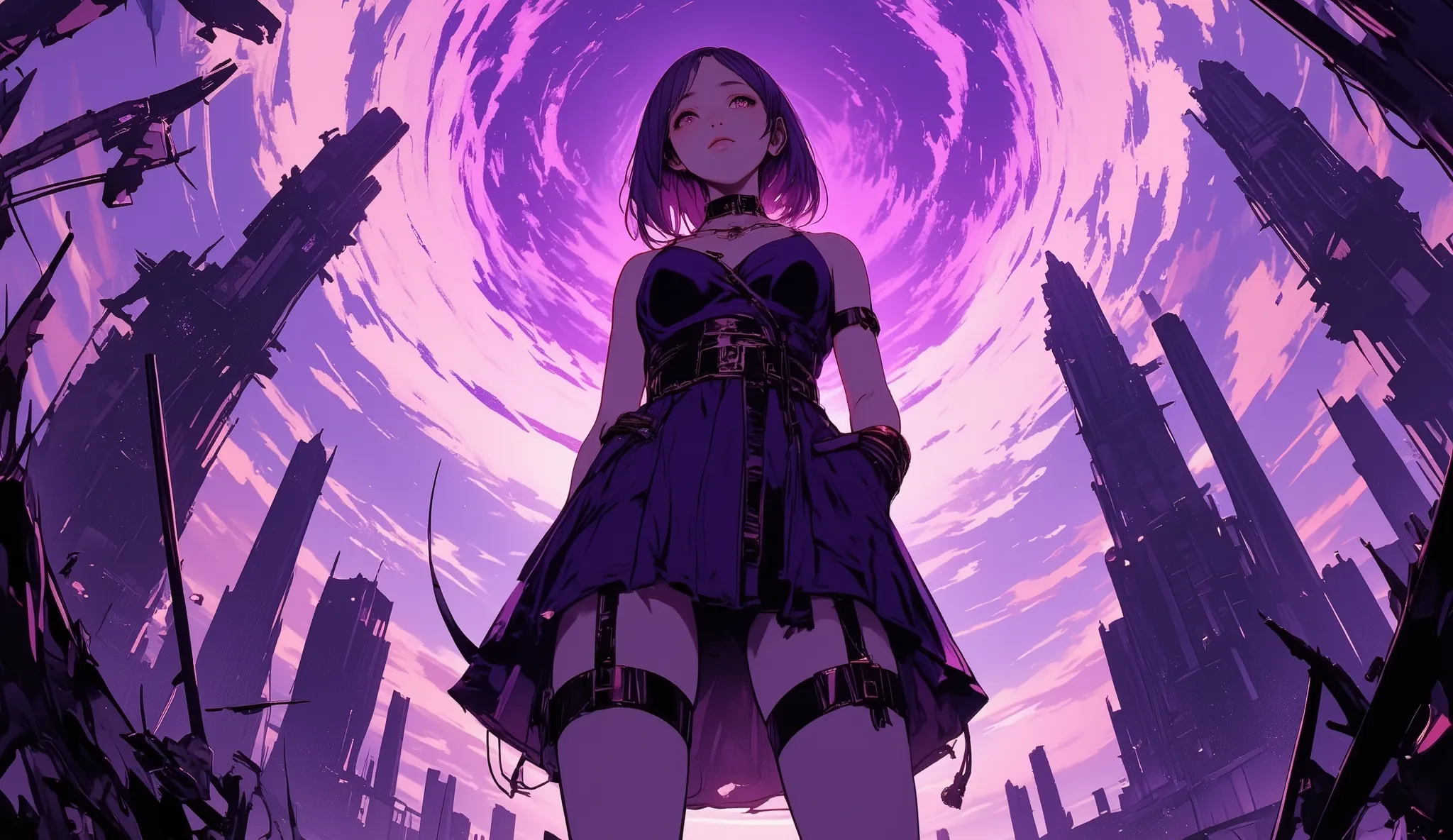Fisheye Wide Angle , Fisheye Wide Angle 一人のセクシーな少女 , Battle Poses 、Stance、 wearing a sexy dress 、 Put your hand in your pocket 、The expression and outfit are 、Bold Makeup and Accessories. Shadows at your feet、 High Angle and Strong Fisheye Perspec...