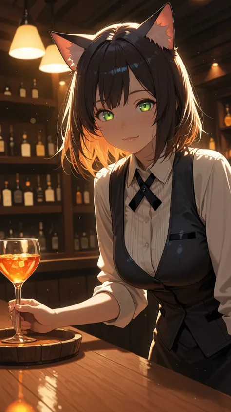 score_9, score_8_up, score_7_up, masterpiece, source_anime,cat girl,detail eyes,Irish ,bartender in a dimly lit, neon-lit bar, high resolution, detailed facial features, expressive pose, cinematic lighting, moody atmosphere, dark fantasy, digital painting, 4k, ultra-detailed, photorealistic
