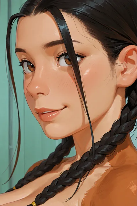 Female monkey with giant saggy and flabby tits, extremely large areolas,  long black braids, intense brown eyes, happy expression, sentada, dia ensolarado, Close-up with dynamic side view. Semi-realistic illustration, with depth and perspective, 8 K, HDR.
