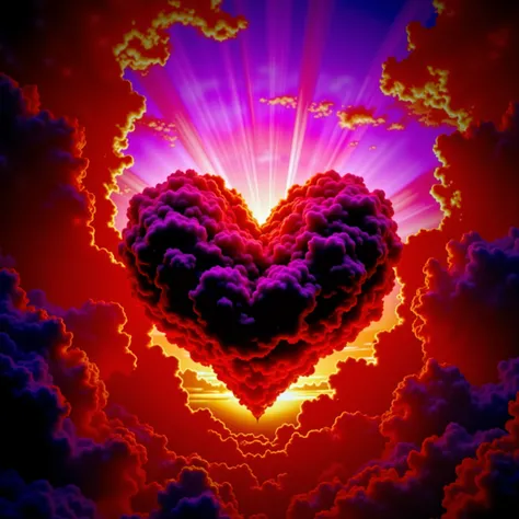 A heart-shaped cloud dominates the center of the image, with its deep red hues creating a striking contrast against the vibrant background. Illuminated by intense beams of light that radiate from behind, the cloud appears majestic and otherworldly, suggest...