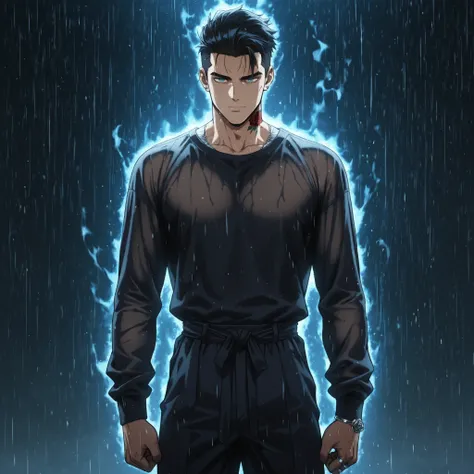 ((Solo Male)), ((Anime style)), Slim Muscular Build, Teen, Short Slicked Hair, Jet Black Hair, Piercing Blue Eyes, Cold Smile, , Silk Undershirt, Silver Rings, Designer Slacks, Rose Tattoo on Neck, Shadow Aura, Standing in Rain, Amazing Quality, Emotionles...
