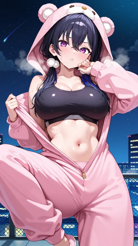4K, 8K, high quality, highest quality, delicate, clear, super beautiful, girl, 1 person, Ichinose Uruha, Vtuber, black hair, blue mesh, blue-black hair, beautiful, Purple eyes, purple eyes,cute, shiny skin, glossy skin, beautiful skin, ((face emphasis)), b...
