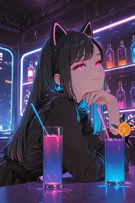 rich,beautiful woman, elegant bartender, black cat motif, cat ears headband, sleek black hair, long straight hair, side-swept bangs, alluring pink eyes, confident and inviting smile, offering a stylish cocktail glass, cocktail with fruit garnish, colorful ...