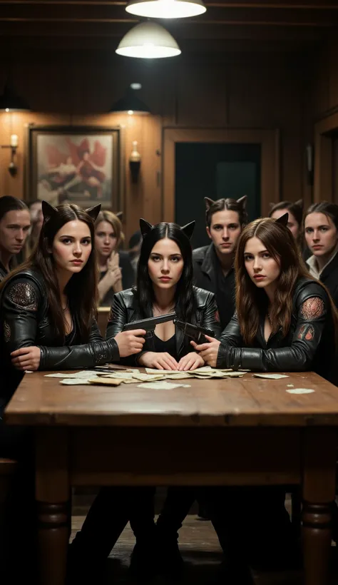highdefinition images、A scene from the movie、The western bar scene、cat eared women holding guns at the table, money hunters gunmen、people々is surprising for some reason everyone has cat ears