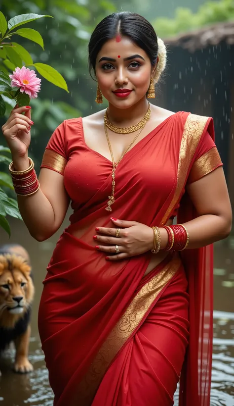 Indian beautiful sexy  woman bhabhi, Sindoor aka Vermilion mark in middle partition of hairs, middle parting ornament in hairs, Golden long necklace, Satin blouse, very deep cleavage, curvy plus size model wearing wet Satin saree, red nail polish, plenty r...