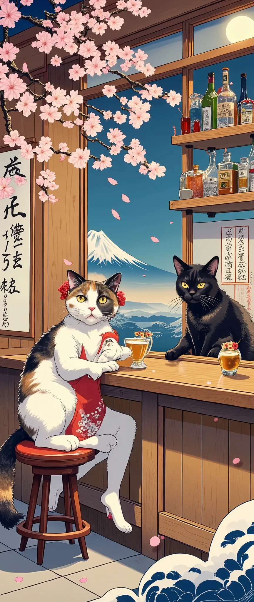 highdefinition images,What is a bar in Cat World、owned by a brown striped cat and、white and black cats often sit together at the counter、a bar with a nice atmosphere