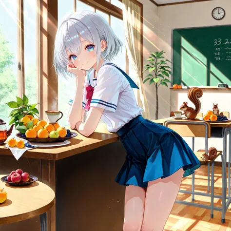 master piece,best quality,ultra detailed,ultra hires,32k,beautiful detailed face,beautiful detailed eyes,tea,looking at viewer,long silver hair,background is classroomcafe,pretty short sleeve school uniform,thin thighs,miniskirt, squirrel, sun rays,smile, ...