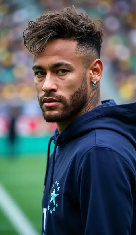 Neymar Jr in a hyperrealistic navy blue hoodie in high quality, high quality futsal court background in 8k and high quality people
