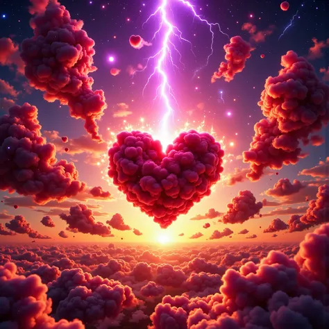 A heart-shaped cloud dominates the center of the image, with its deep red hues creating a striking contrast against the vibrant background. Illuminated by intense beams of light that radiate from behind, the cloud appears majestic and otherworldly, suggest...