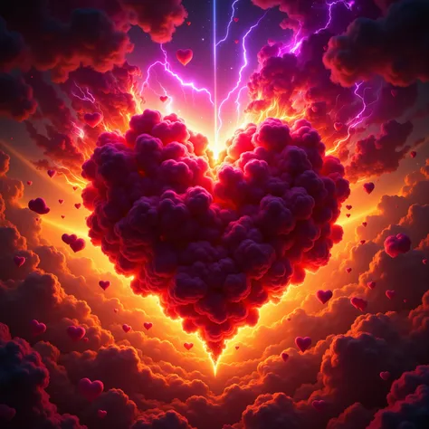 A heart-shaped cloud dominates the center of the image, with its deep red hues creating a striking contrast against the vibrant background. Illuminated by intense beams of light that radiate from behind, the cloud appears majestic and otherworldly, suggest...