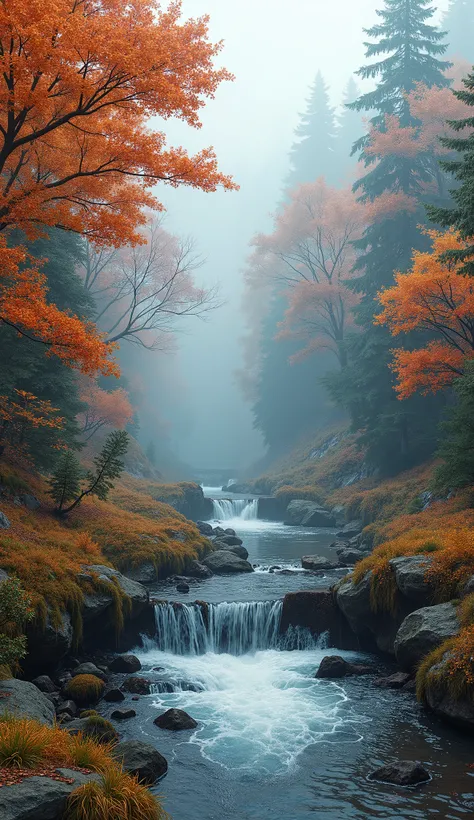 high image quality画像では、oil,(非常にComprehensiveCG Unity 8k壁紙),spectacular river images of autumn leaves in the forest ,Small waterfall, Thick Fog ,Award-winning photo, Color Difference, Comprehensive, high image quality, Orange blossoms blooming, Monet's...
