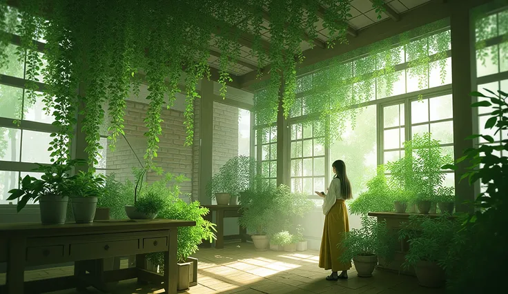 a digital illustration with a serene and artistic atmosphere. It depicts a person standing in a lush indoor garden or greenhouse. The individual is dressed in traditional clothing, with a long skirt and a light-colored top, and appears to be tending to a v...