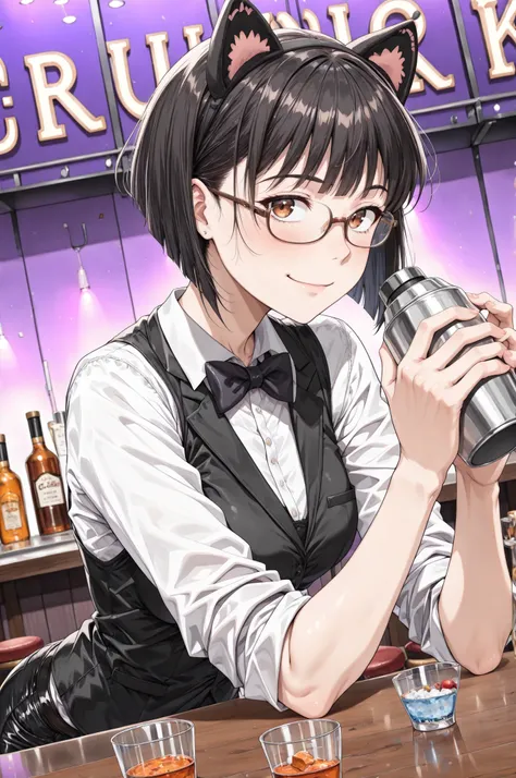 (newest, clear composition, masterwork, masterpiece, best quality, hyper-detailed, 8k uhd:1.4), anime style , 1girl,black hair,Pixie Bob with Shaved Nape ,bangs ,auburn eyes ,red under-rimmed glasses,cat ears headband, bad smile face,bartender, bartending,...