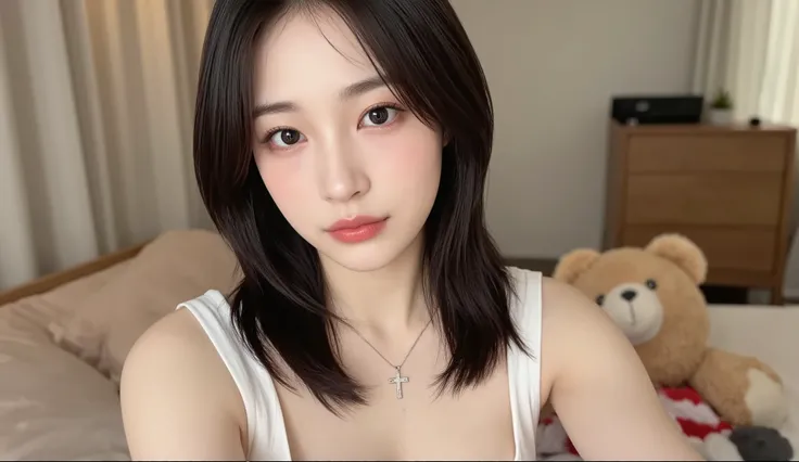 a hyper-realistic selfie of a stunningly beautiful Korean female idol, soft diffused natural light in a cozy bedroom, perfect skin texture with visible light pores and a natural glow, deep expressive eyes with bright catchlights, natural glossy pink lips, ...
