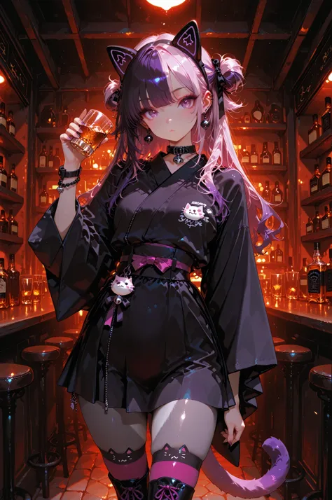 Extremely Fashionable Aesthetic, solo, Extreme Yukata Gothic Fashion Women, Beautiful Eyes , Black & Purple Multicolor Hair, randomly changing hairstyle based on drill twin hair. BREAK Purple Pink and Dark Blue Yukata Style Large Furry Sleeve Jersey Top with Zipper, \(Sporty Short Yukata Jersey Zippered Skirt\)wavy hair with flaps. BREAK Japanese-style thick soled boots, ribbon, cat ear headband, Medium Denier Floral Point Garter Stocking, Round Gothic Earrings, Silver 925 Feather-shaped Charm Bracelet. BREAK \(Very Movable Cat Ears Bartender Pose\), \(Randomly Changing Fashion Coordinates\), Night Bar Background with Whiskey Lined, MX4D.