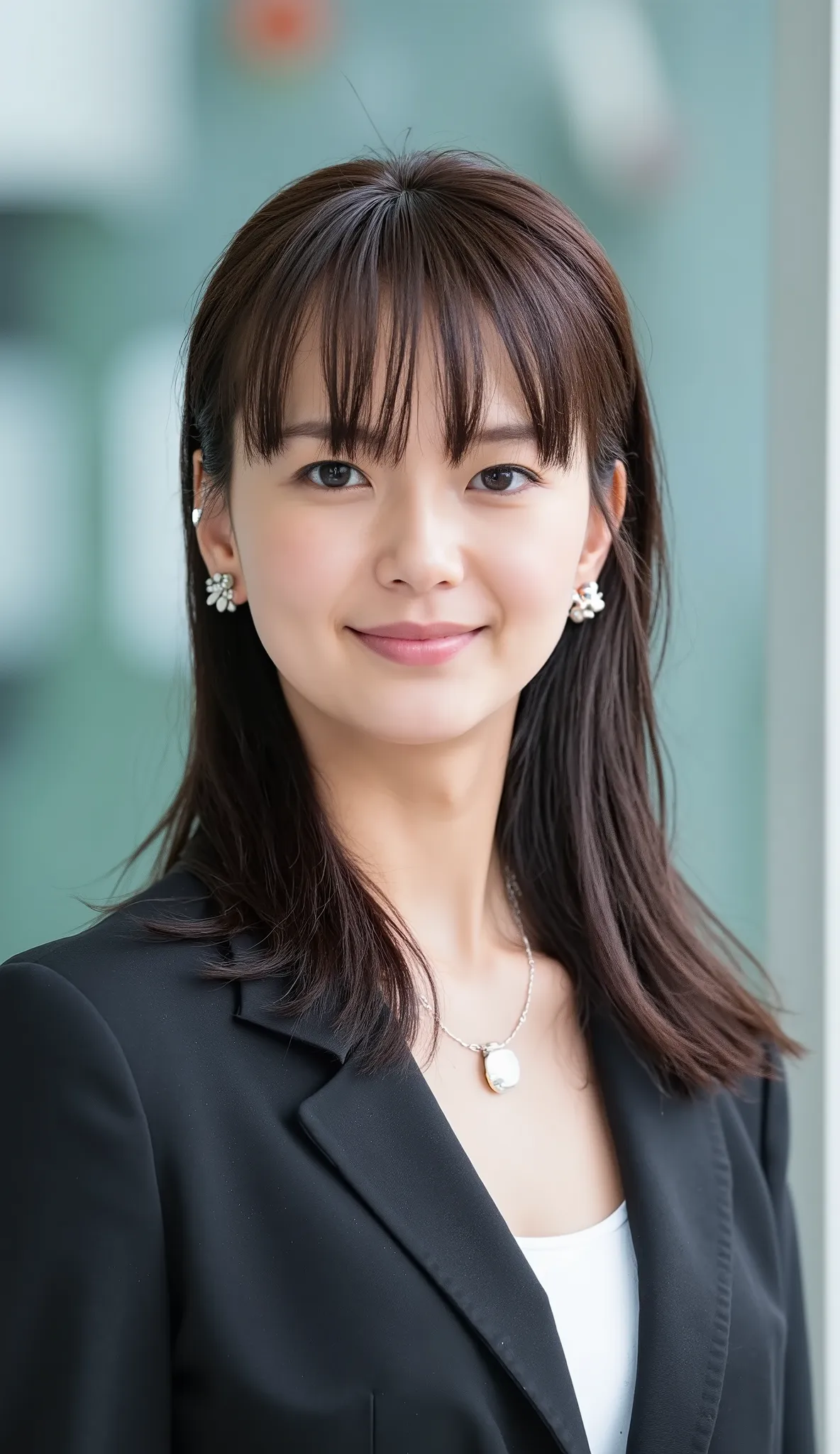 Neat Young Woman、and look at the camera、office lady suit、jacket、shirt、necklace、ear piercing、 、、smile showing teeth、、background is office