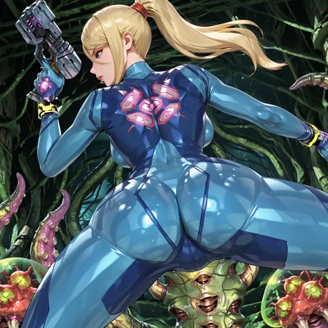 Zero Suit Samus,(metroid tentacles background),((solo)), blonde hair,blue eyes, ponytail,slenderbody,curvy,narrow waist,Wide Hips,middle breasts,(thin tite blue bodysuit), bracelet,gun, ((Samus open thighs wide_spread_legs)),fighting_stance,(low angle),((s...