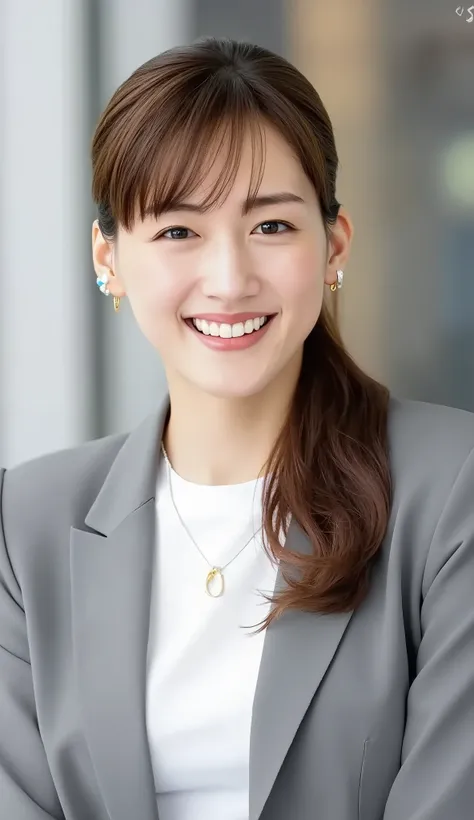 Neat Young Woman、and look at the camera、office lady suit、jacket、shirt、necklace、ear piercing、 pale brown hair、、smile showing teeth、、background is office

