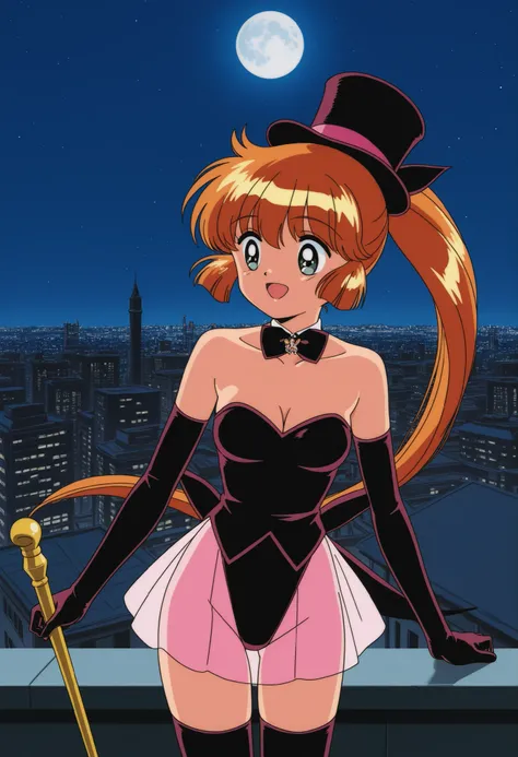 score_9, score_8_up, score_7_up,anime coloring,masterpiece, best quality, source_anime,official art,perfect_anatomy,1990s_\(style\),retro_artstyle,BREAK,nsfw,magician,saint tail,1girl,solo,18yo,long hair,orange hair,ponytail,BREAK,shoulders less, Strapless...
