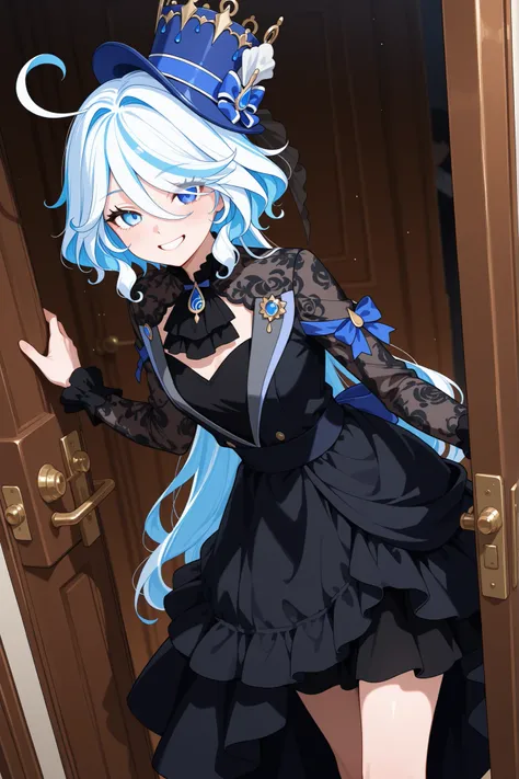 Furina wears a fancy dress in black while smiling waiting in front of the door 