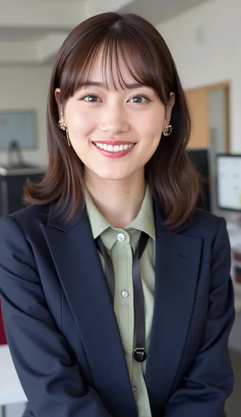 Neat Young Woman、and look at the camera、office lady suit、jacket、shirt、necklace、ear piercing、 pale brown hair、、smile showing teeth、、background is office