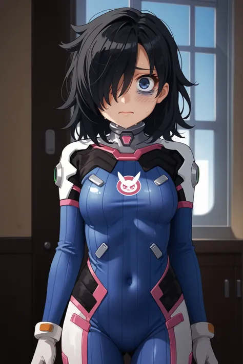 score_9, score_8_up, score_7_up,, solo, source_anime, tomokoxl, bags under eyes, hair over one eye black hair, medium hair, greasy hair,  overwatch dva cosplay, d.va (overwatch) (cosplay), bodysuit, cosplay, covered navel, skin tight, vertical-striped body...